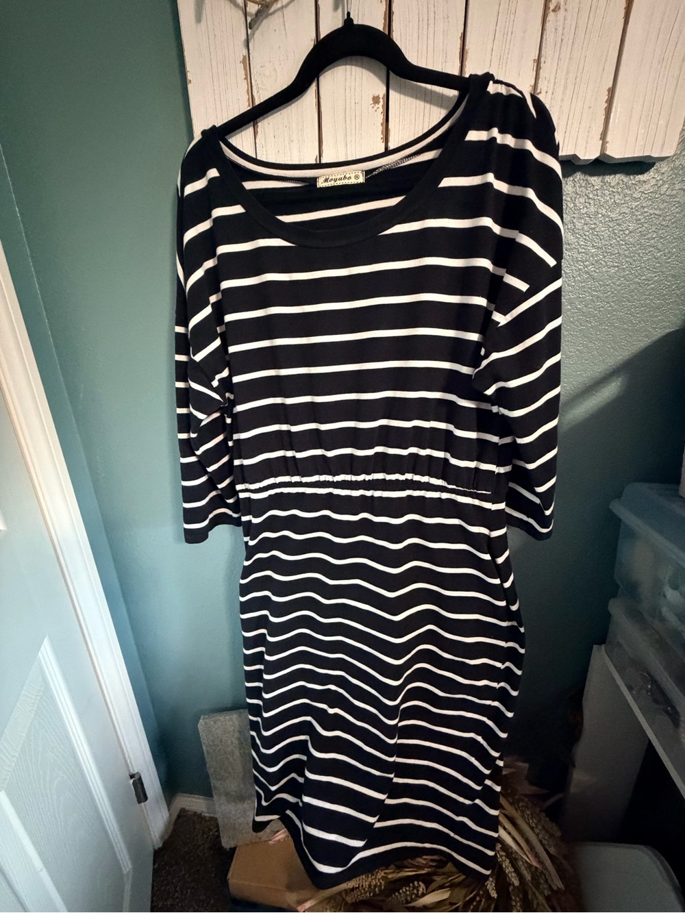Black and White Striped Midi Dress with Elastic Waist